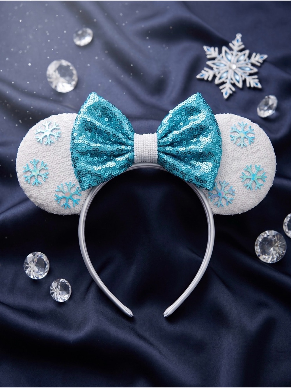Frozen Snowflake Sequin Minnie Mouse Ears Headband Blue White NWOT